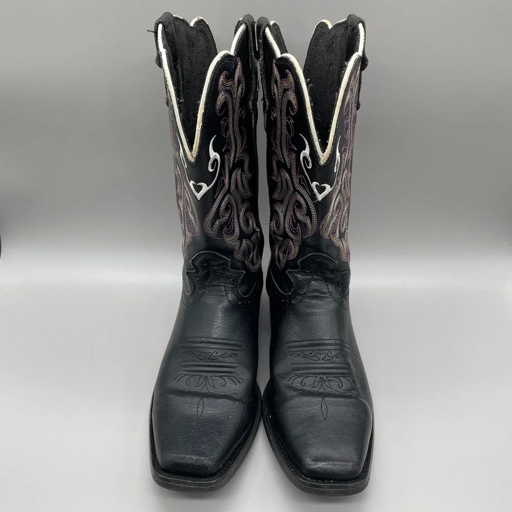 Justin Stampede Western Cowboy Boots Kids 3.5D Black Purple Heart Square Toe